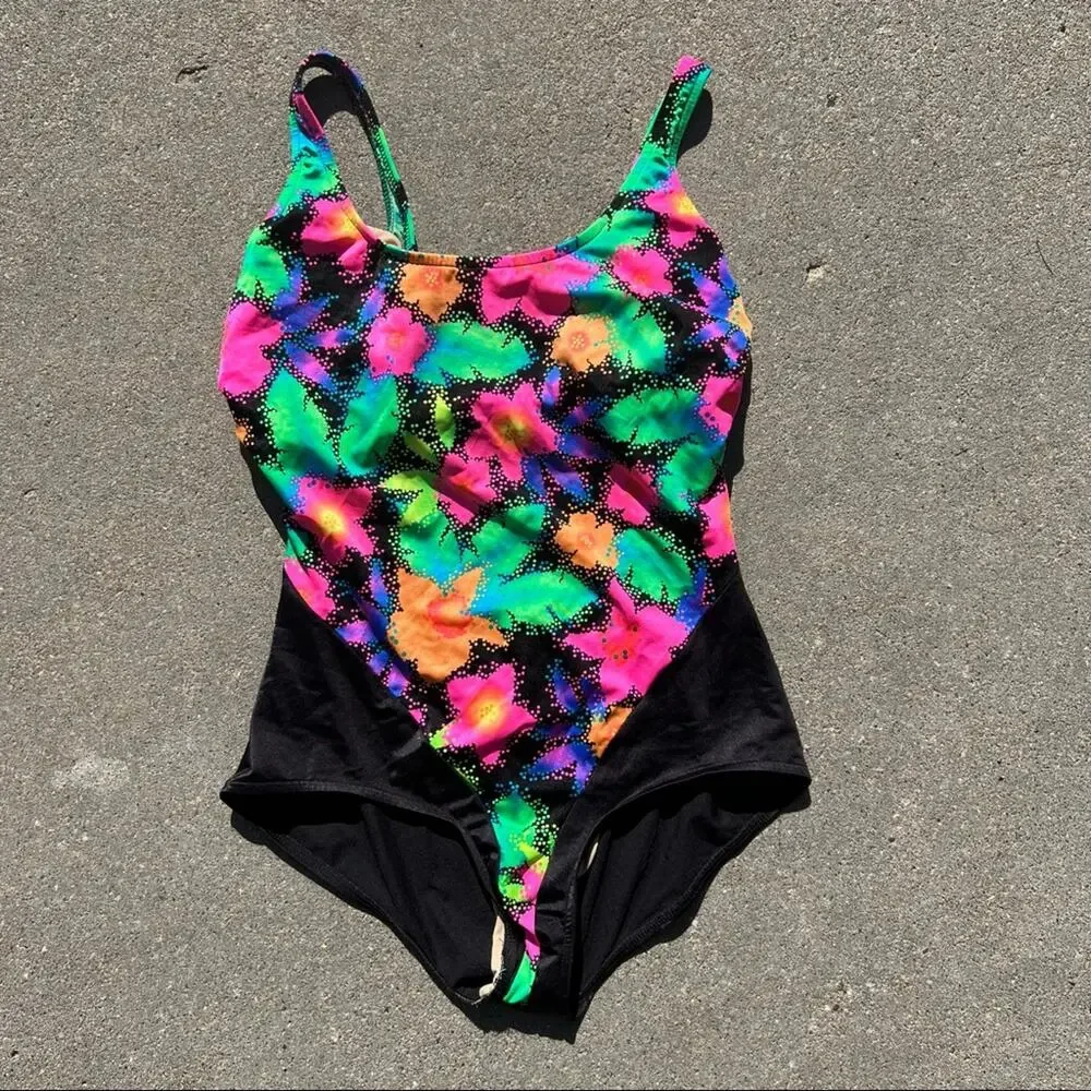 Vintage 90s Pacific Connections neon tropical hibiscus one piece swimsuit